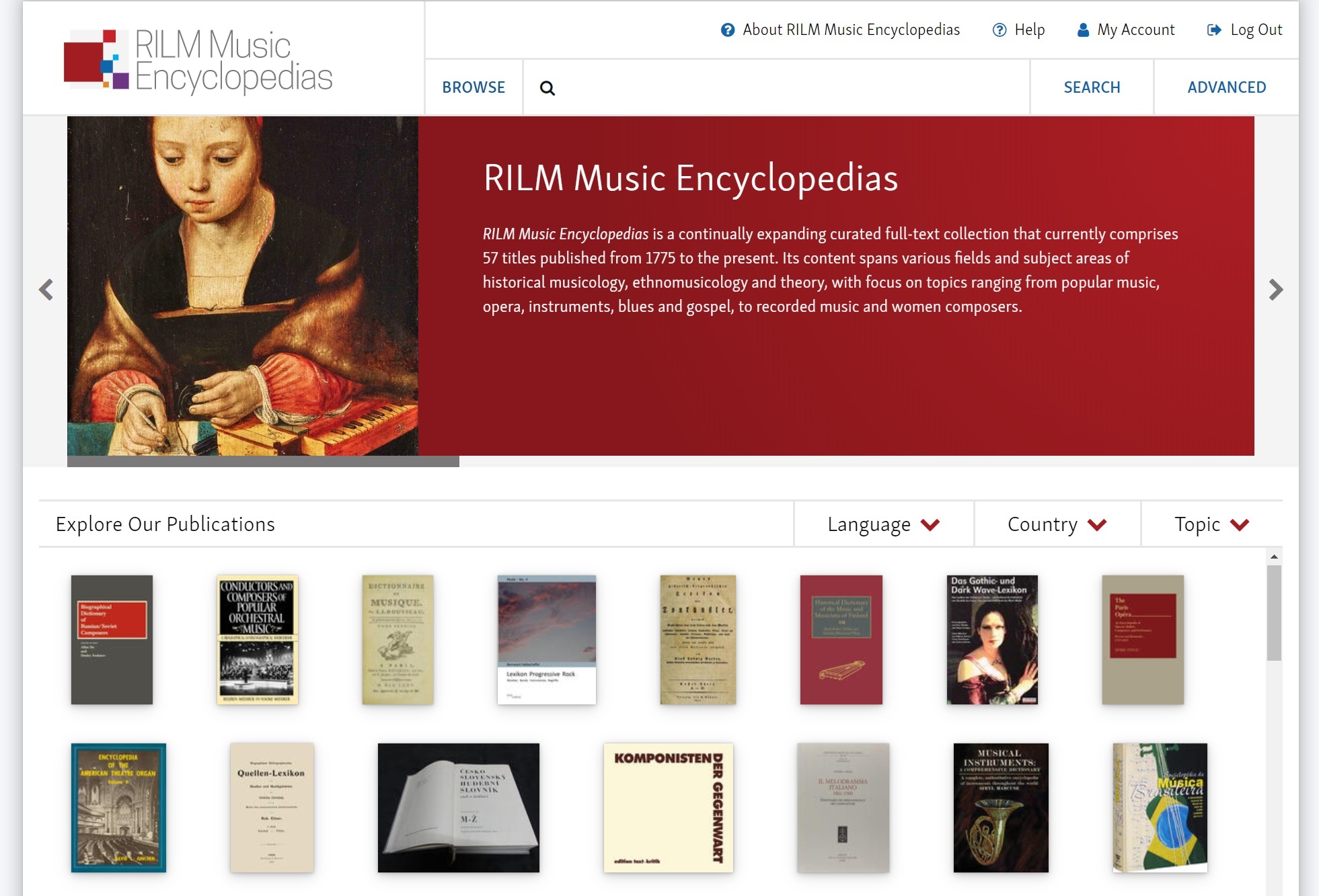 rilm music encyclopedias on egret website homepage with gallery of encyclopedia covers