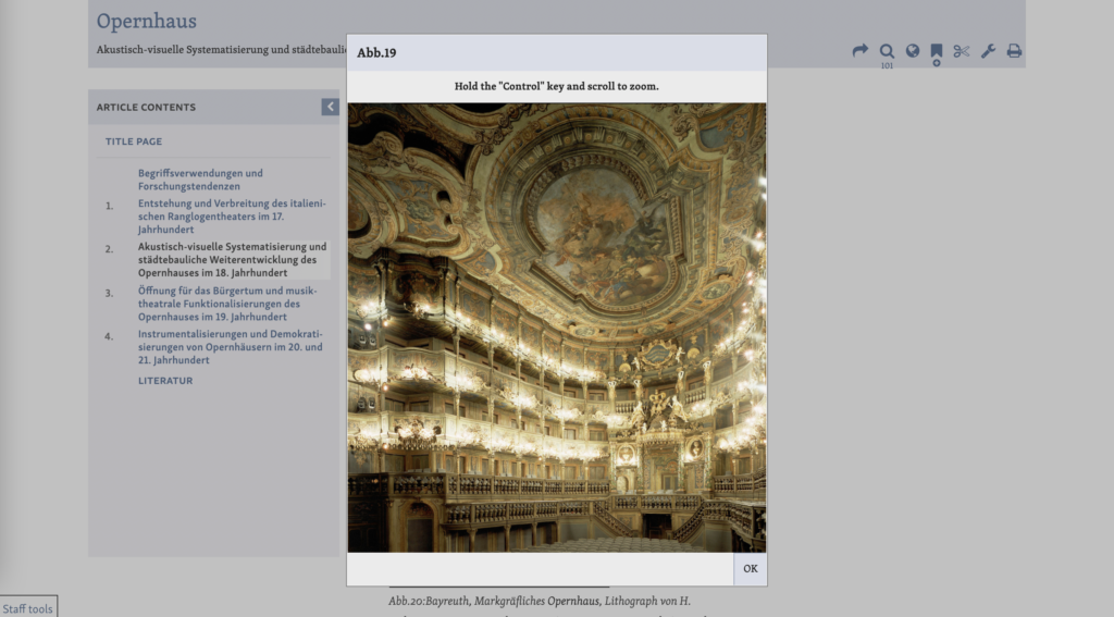 screenshot of mgg online article viewer shows an image of an opulent opera house expanded above the viewer