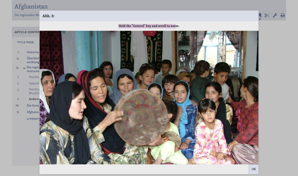 an image of afghani women playing music is expanded above the MGG online article viewer