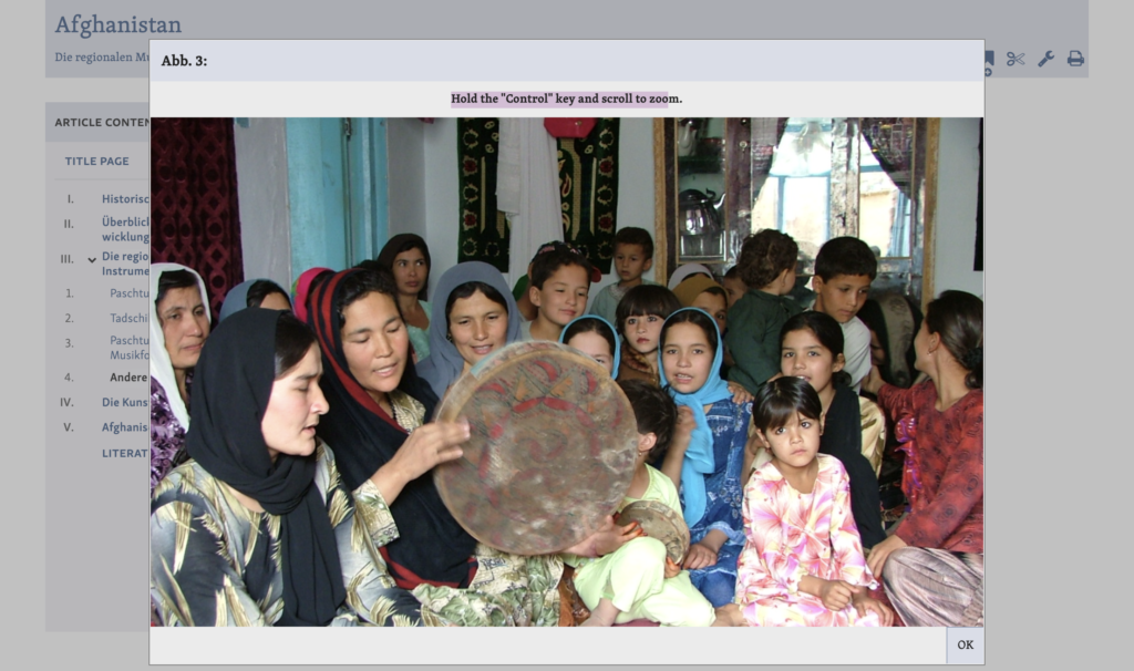 an image of afghani women playing music is expanded above the MGG online article viewer 